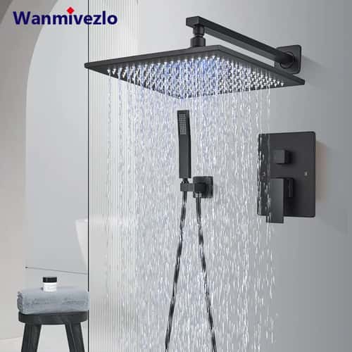 Matte Black rainfall shower set Wall Mounted bathroom shower faucet with LED Shower Head Mixer Tap