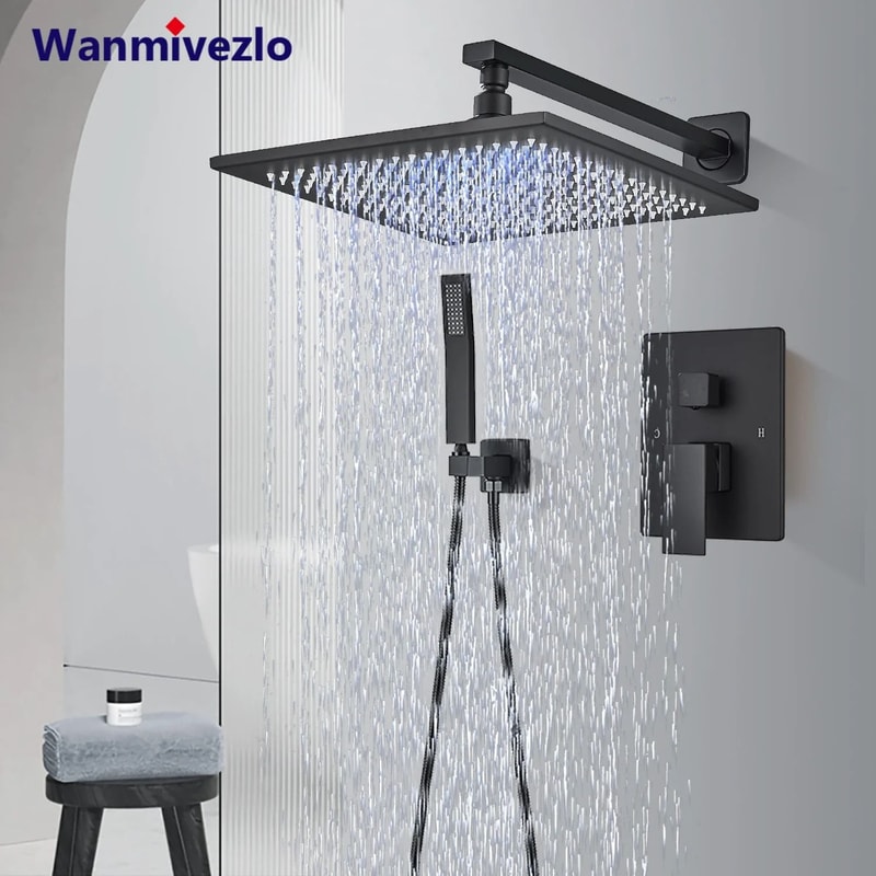 Matte Black Rainfall Shower Set Wall Mounted Bathroom Shower Faucet With LED Shower Head Mixer Tap 1