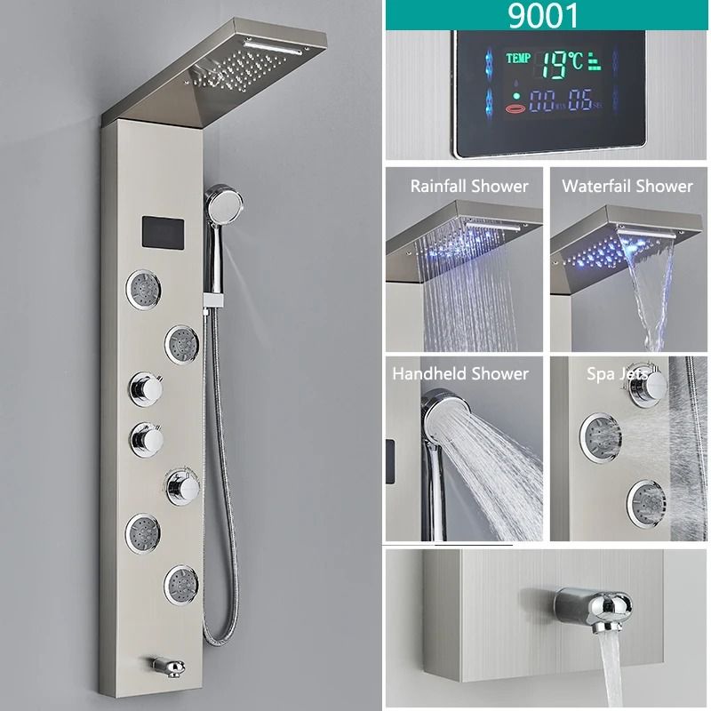 LED Shower Panel System Rainfall Bathroom Shower Faucet Set With Temperature Display And Massage Sp 7