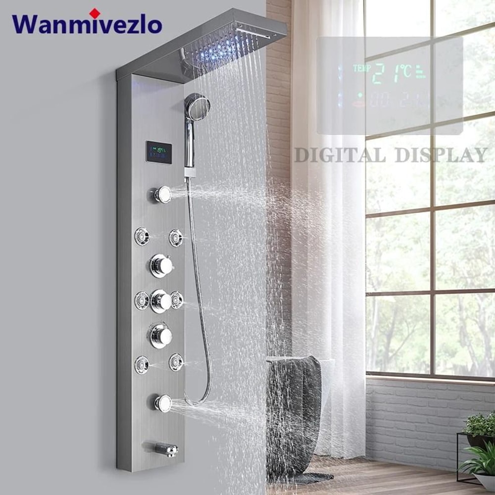 LED Shower Panel System Rainfall Bathroom Shower Faucet Set With Temperature Display And Massage Sp 0