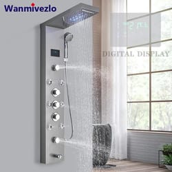 led shower panel system rainfall bathroom shower faucet set with temperature display and massage spray mixer tap