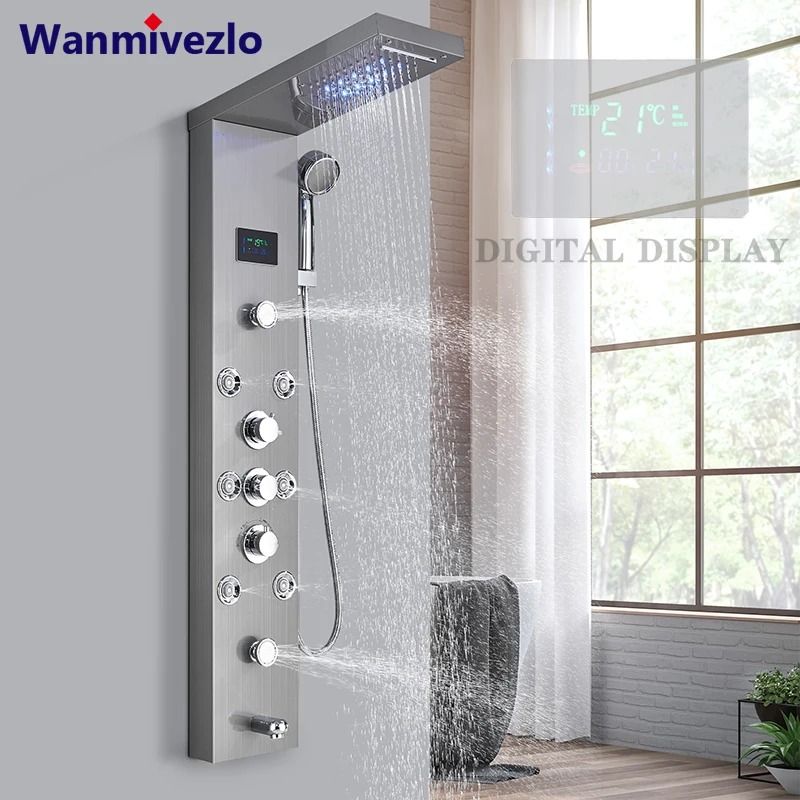 LED Shower Panel System Rainfall Bathroom Shower Faucet Set With Temperature Display And Massage Sp 0