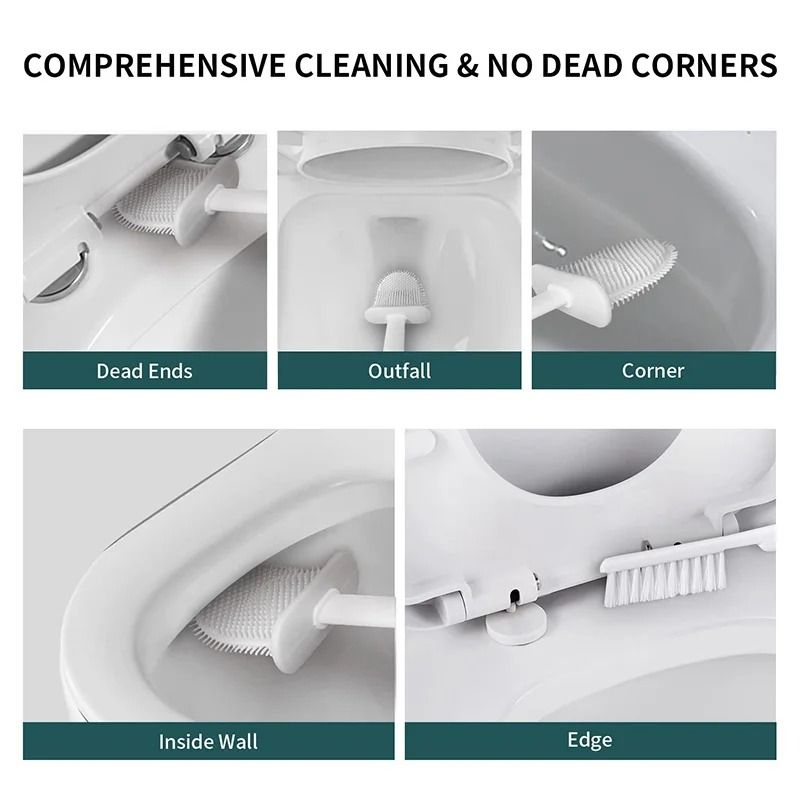 Wall Mounted Silicone Toilet Brush Soft Bristle No Dead Corner Bathroom Cleaning Brush Set 11