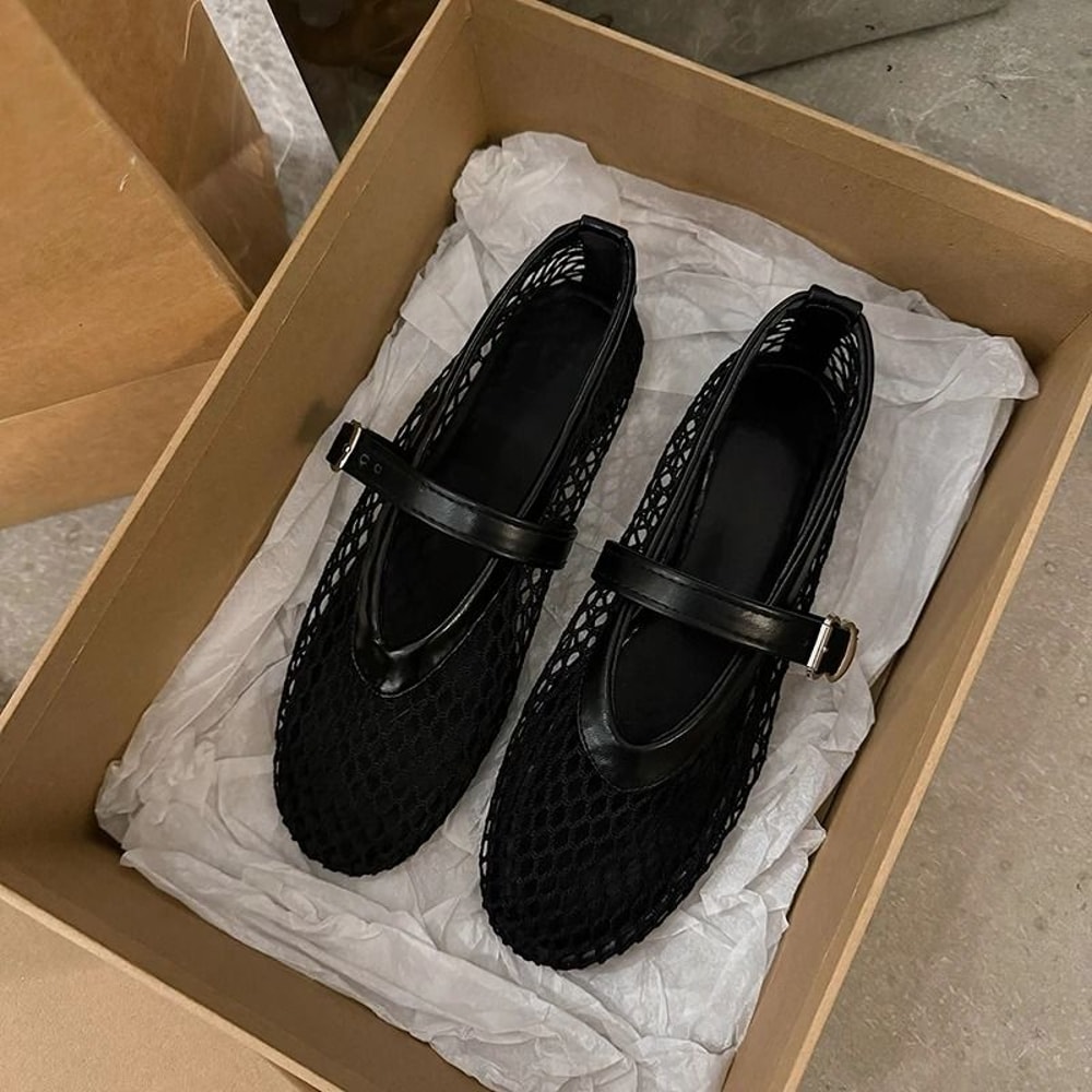 Mary Jane Flats Womens Cut Out Fishnet Shoes Round Toe Buckle Strap Flats 1