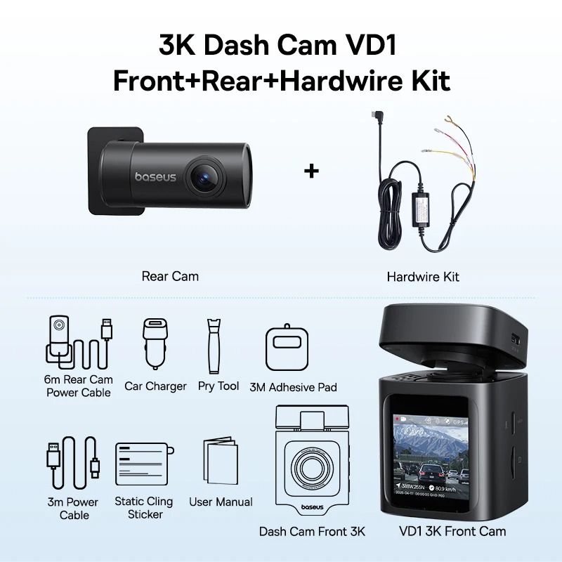 Baseus VD1 3K Dash Cam Front And Rear With GPS And 24H Parking Monitor 4