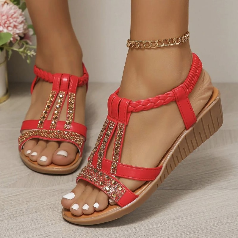 Boho Women Wedge Sandals With Rhinestone Platform And Peep Toe 9