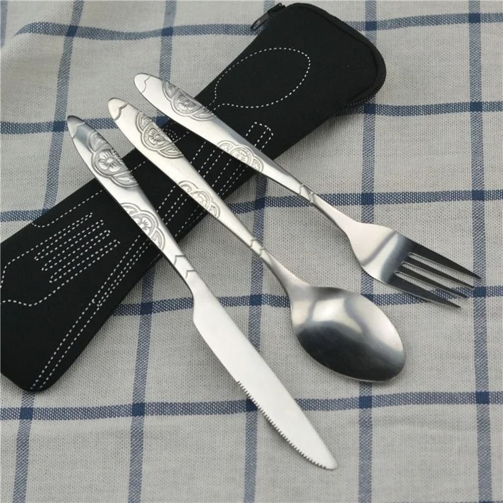Portable Travel Cutlery Set With Zipper Case Washable Camping Utensil Kit 8