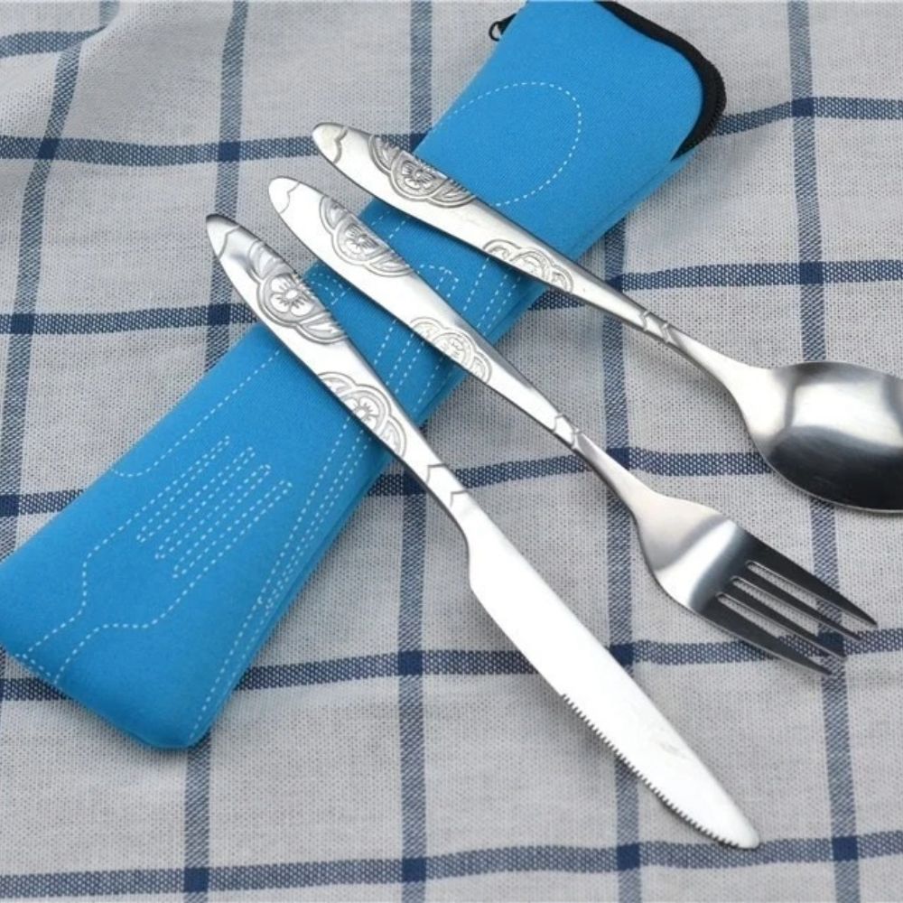 Portable Travel Cutlery Set With Zipper Case Washable Camping Utensil Kit 4