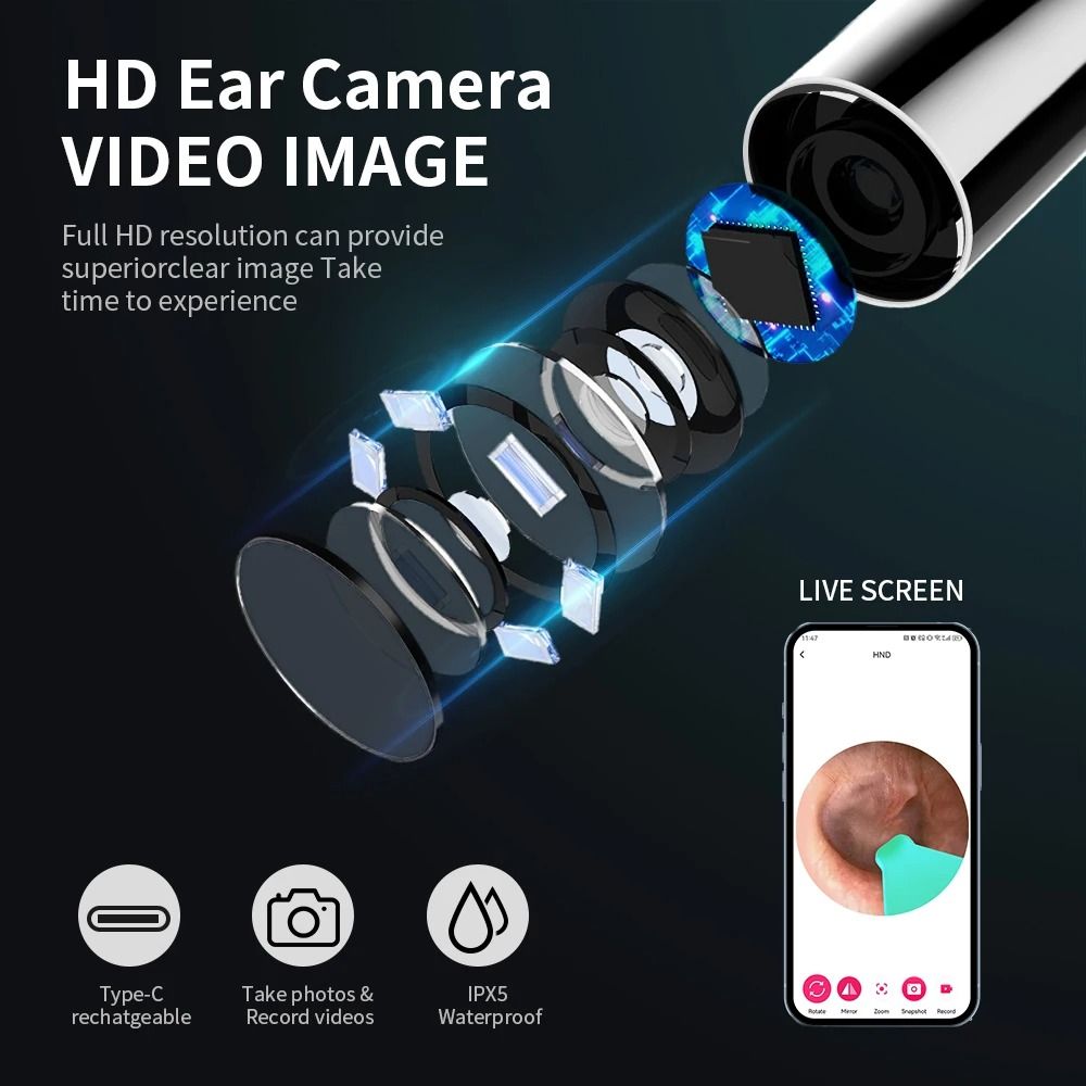 HD Ear Cleaner With Camera Otoscope Ear Cleaning Kit USB C Rechargeable Wax Removal Tool 15