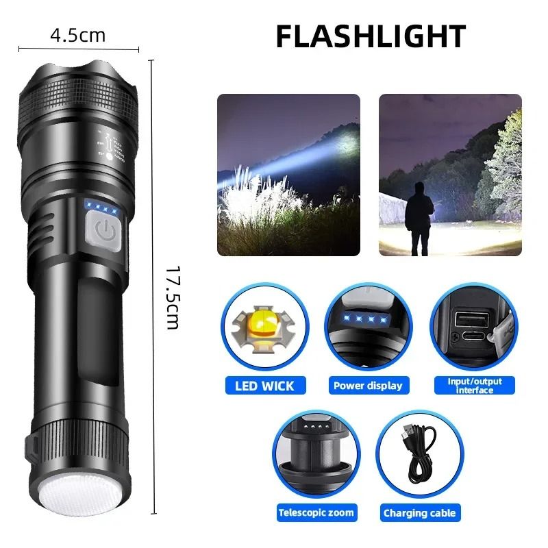 P70 Ultra Bright Flashlight Rechargeable Tactical LED Zoom Light With Built In Battery 9