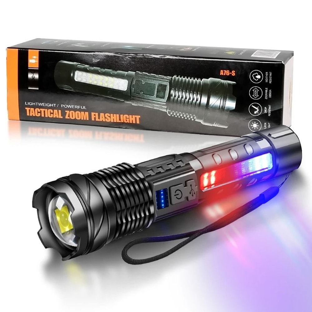 XHP50 LED Flashlight USB Rechargeable Waterproof Zoom Torch With Side Light 4
