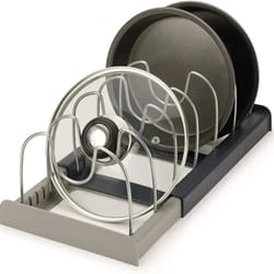 telescopic pot rack organizer 7 slot pan and lid holder space saving kitchen cabinet organizer