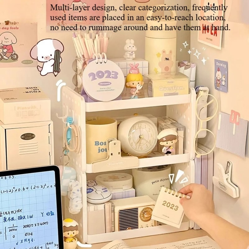Multi Layer Desktop Organizer Shelf With Pen Holder Space Saving Desk Storage 6