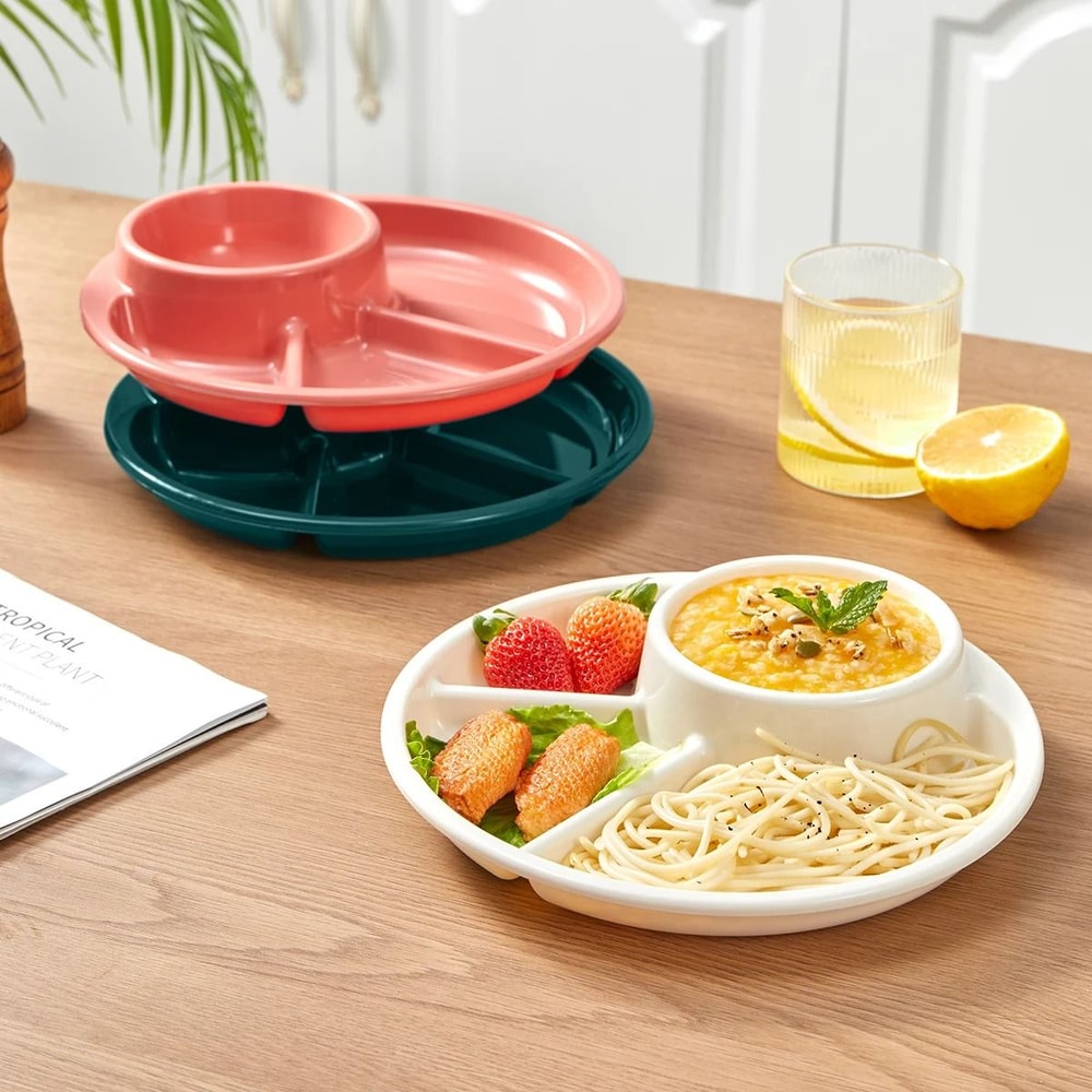 Round Divided Dinner Plate Reusable Salad Plate With Fork And Spoon 6