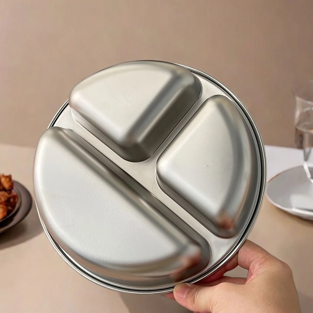 Round Stainless Steel Divided Dinner Plate 3 Compartment Reusable Food Tray 7