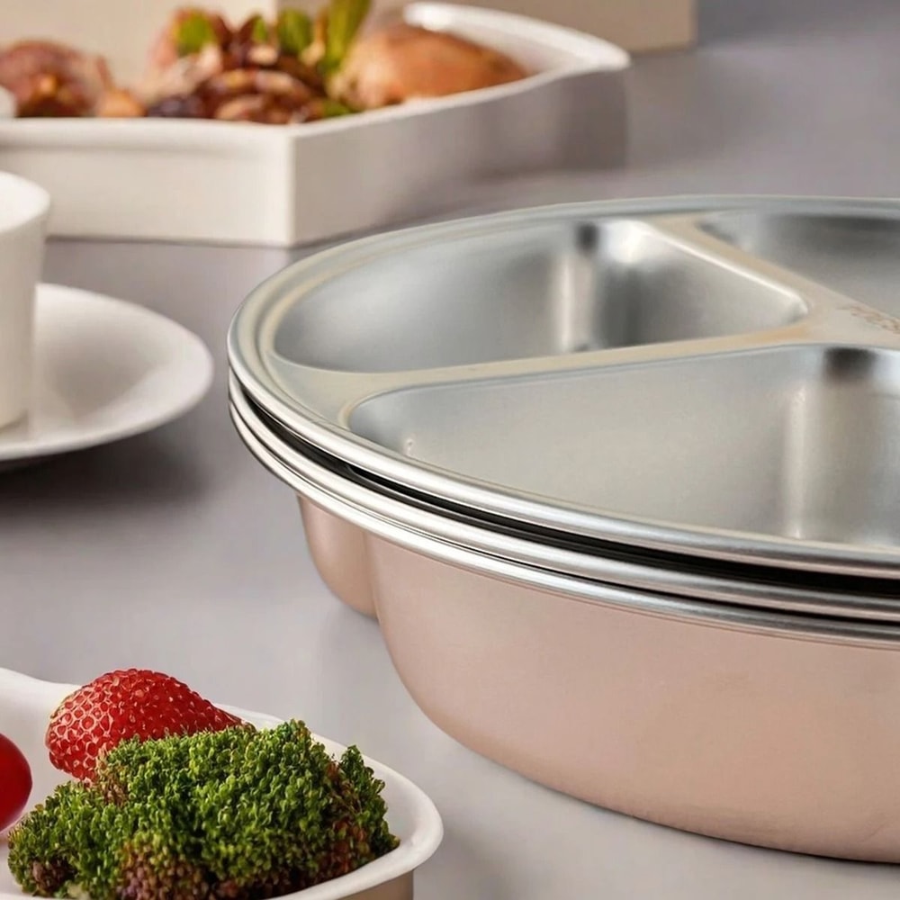 Round Stainless Steel Divided Dinner Plate 3 Compartment Reusable Food Tray 8