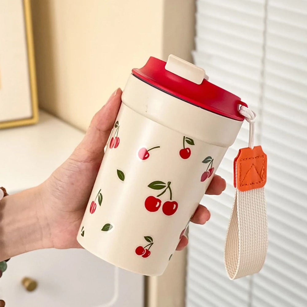 Cherry Pattern Plastic Coffee Mug Leak Proof Portable Travel Tumbler 5