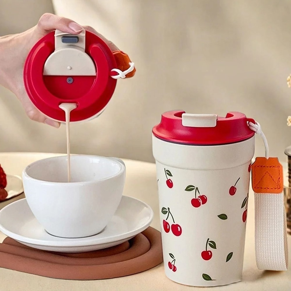 Cherry Pattern Plastic Coffee Mug Leak Proof Portable Travel Tumbler 7