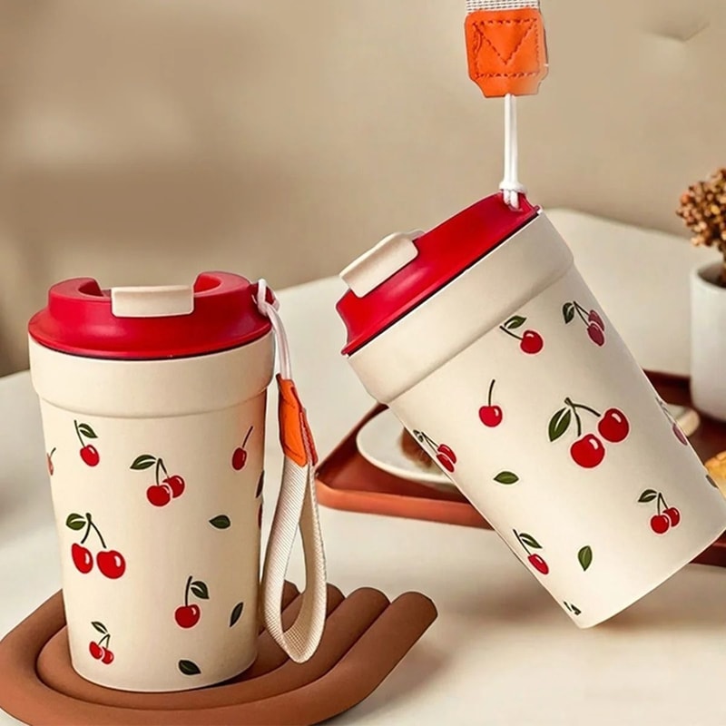 Cherry Pattern Plastic Coffee Mug Leak Proof Portable Travel Tumbler 8