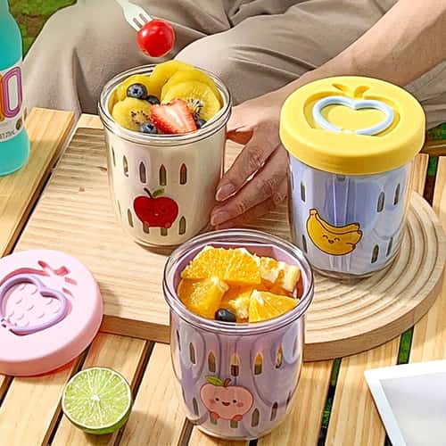 Double Layer Fruit Cup Portable Salad and Oat Container with Fork