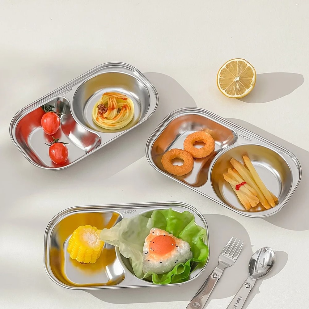Stainless Steel Divided Salad Plate Stackable Kids Snack Dessert Plate 0
