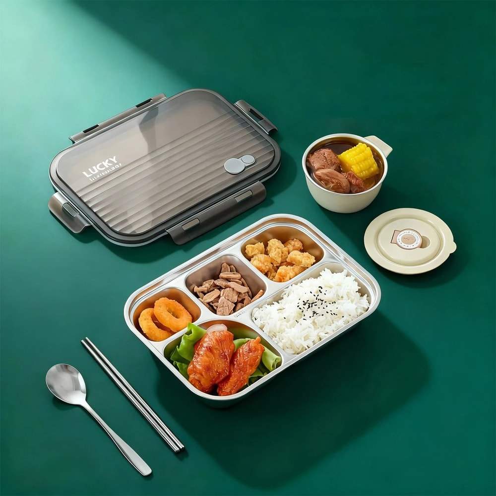 Portable Stainless Steel Divided Lunch Box Large Capacity With Lid For Kids And Students 16