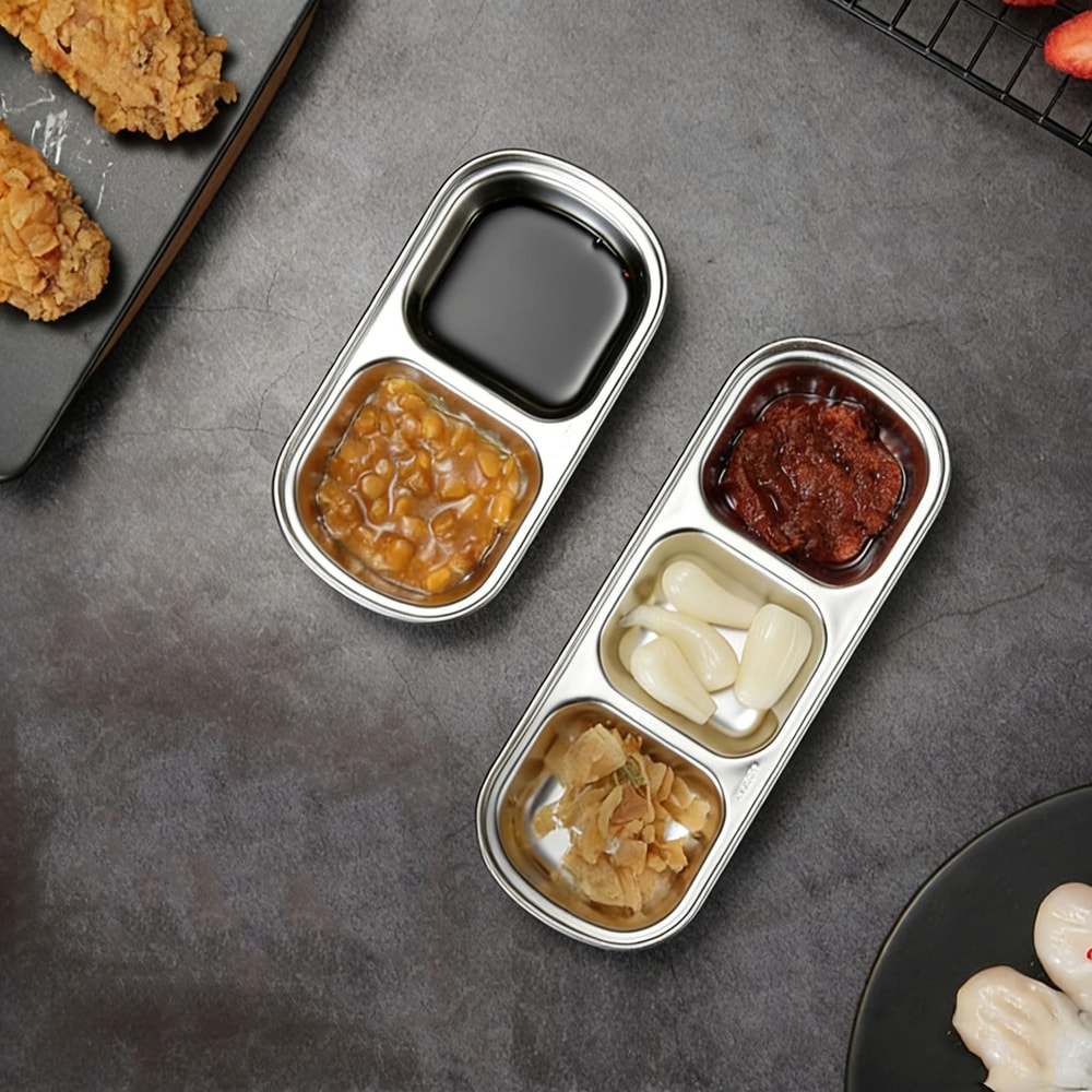 Stainless Steel Divided Seasoning Plate Reusable Sauce Dish For Kitchen And BBQ 9