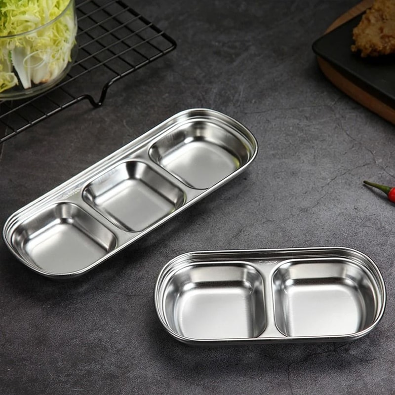 Stainless Steel Divided Seasoning Plate Reusable Sauce Dish For Kitchen And BBQ 0