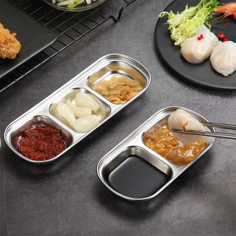Stainless Steel Divided Seasoning Plate Reusable Sauce Dish For Kitchen And BBQ 11