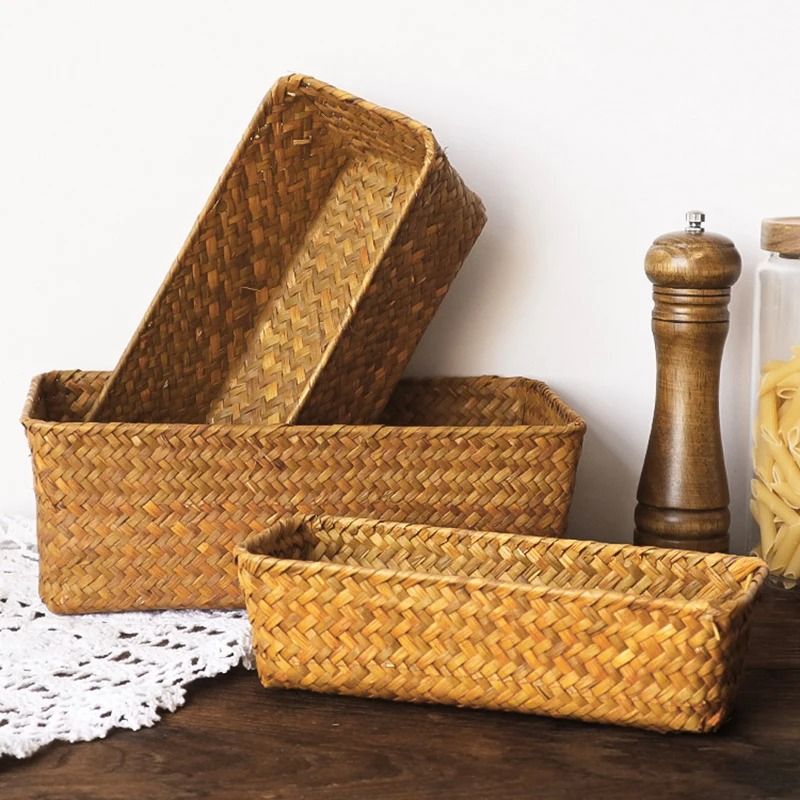 Woven Seagrass Rectangular Storage Basket For Home Organization 0