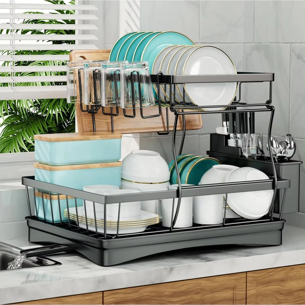 Large 2 Tier Dish Drying Rack Removable Countertop Dish Drainer For Kitchen 2