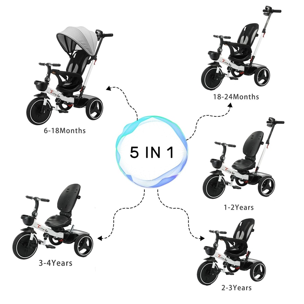 Ubravoo 5 In 1 Baby Stroller Tricycle Adjustable Canopy Convertible Ride On Bike 5