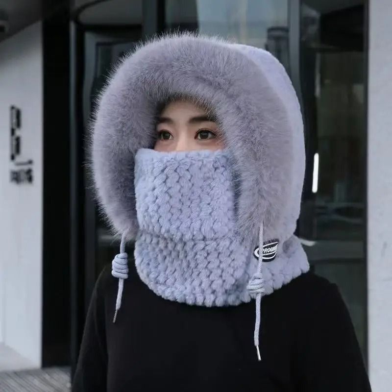 Women Thermal Plush Hood Hat Scarf Mask Set Windproof Winter Wear 9