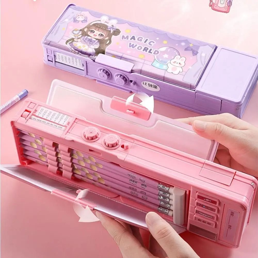 Password Lock Pencil Box Double Layer Stationery Storage Case For Students 5