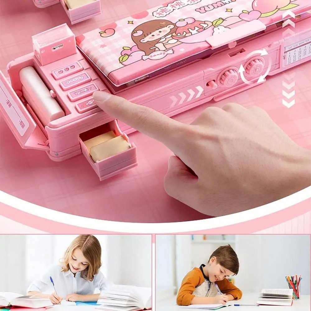 Password Lock Pencil Box Double Layer Stationery Storage Case For Students 7