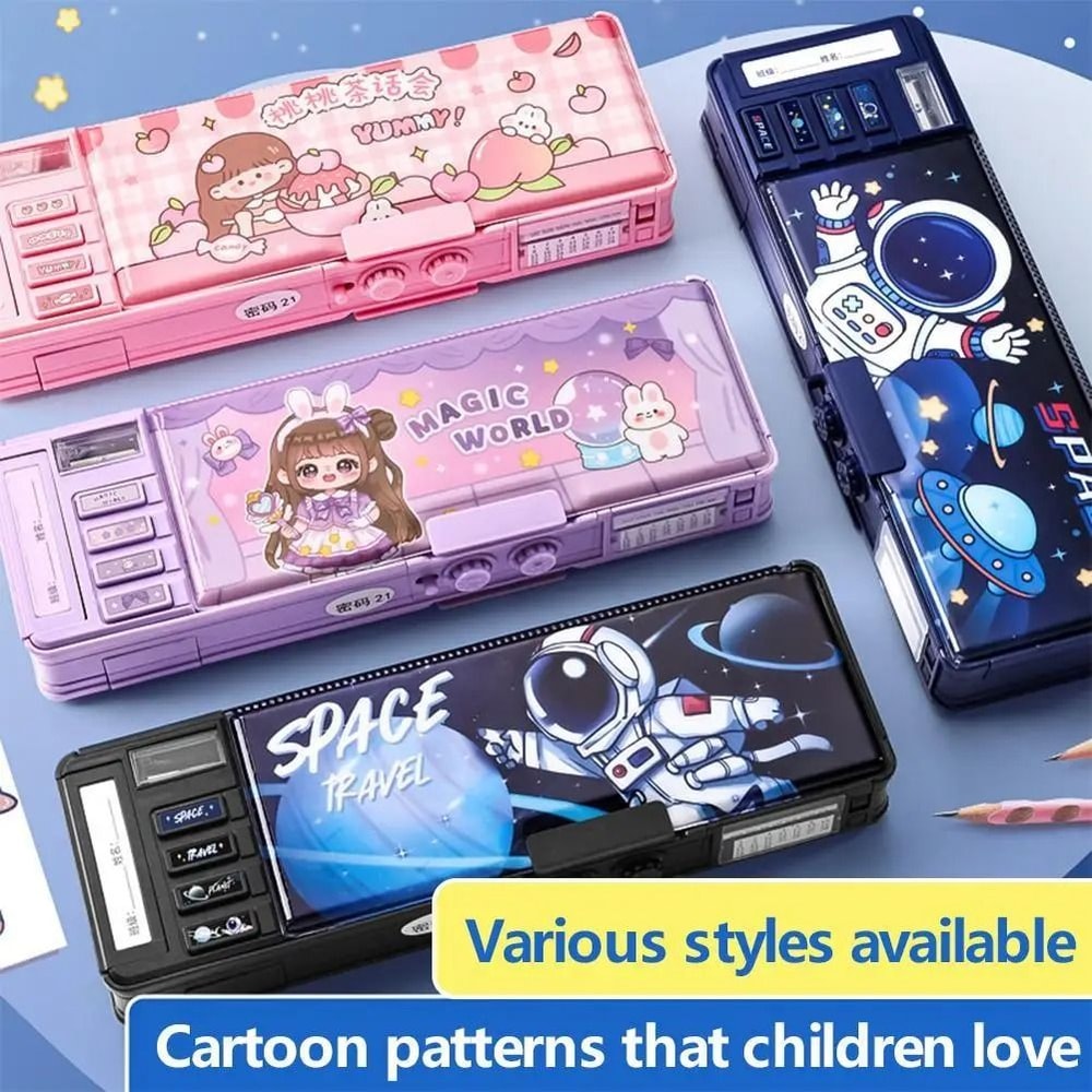 Password Lock Pencil Box Double Layer Stationery Storage Case For Students 8