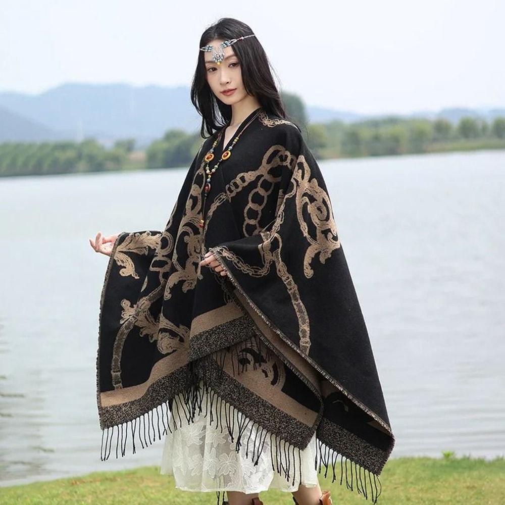 Luxury Jacquard Cashmere Shawl Unisex Winter Poncho Cape 11