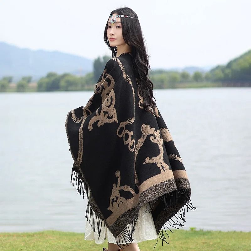 Luxury Jacquard Cashmere Shawl Unisex Winter Poncho Cape 7