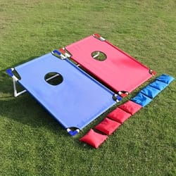 portable cornhole game set with foldable boards and carry bag