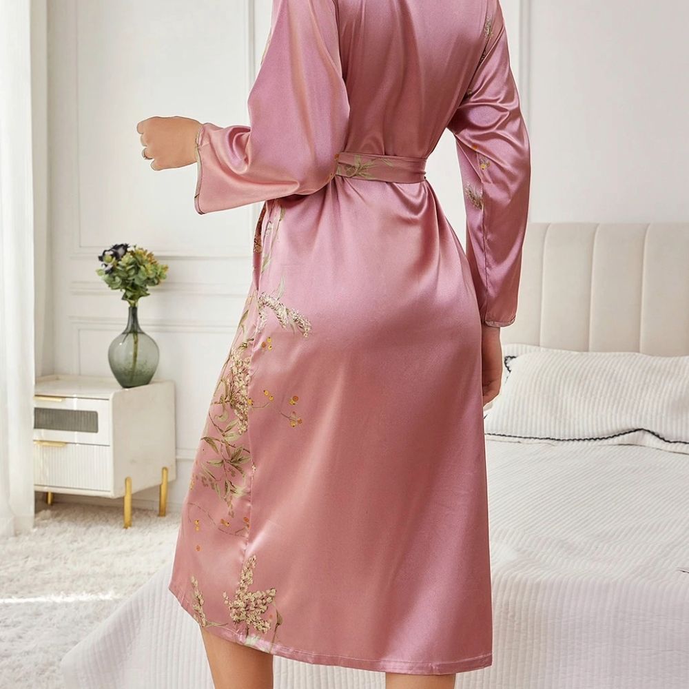 Elegant Floral Silk Robe For Women Loose Fit Long Sleeve Loungewear 0