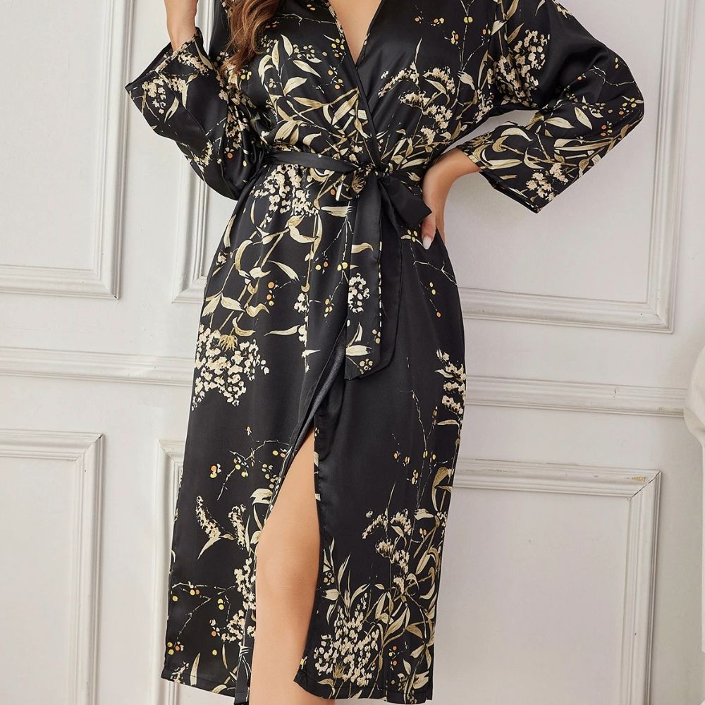 Elegant Floral Silk Robe For Women Loose Fit Long Sleeve Loungewear 2