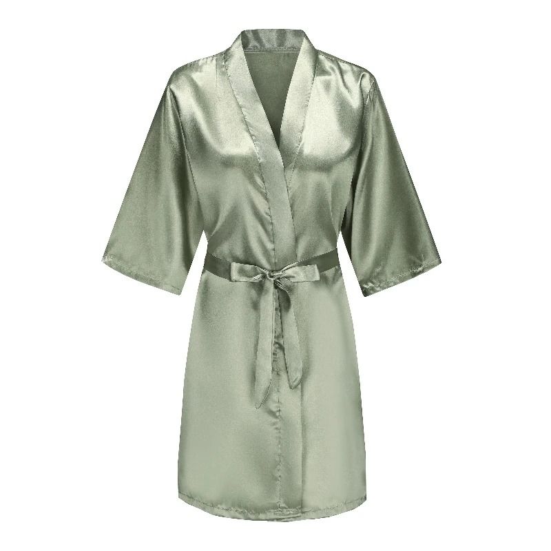 Grass Green Satin Bride And Bridesmaid Short Robe For Wedding Party 19