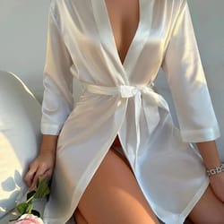 solid satin long sleeve night robe with belt for women