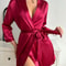 Solid Satin Long Sleeve Night Robe With Belt For Women 2