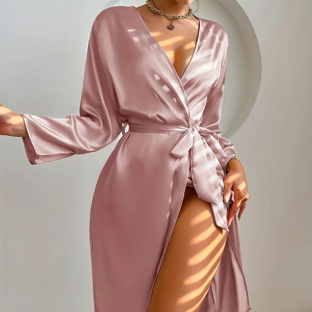 Elegant Womens Satin Robe With Belt Silky Solid Color Loungewear 3