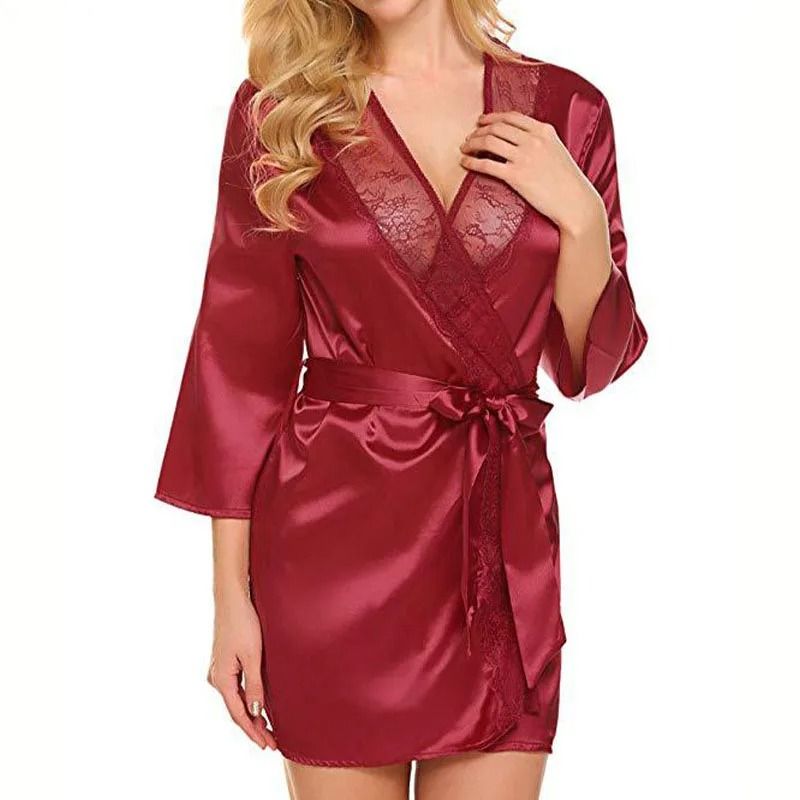 Elegant Lace Satin Robe Sexy Nightgown Kimono Lingerie Sleepwear For Women 3