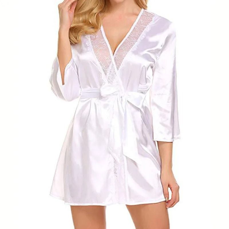Elegant Lace Satin Robe Sexy Nightgown Kimono Lingerie Sleepwear For Women 1