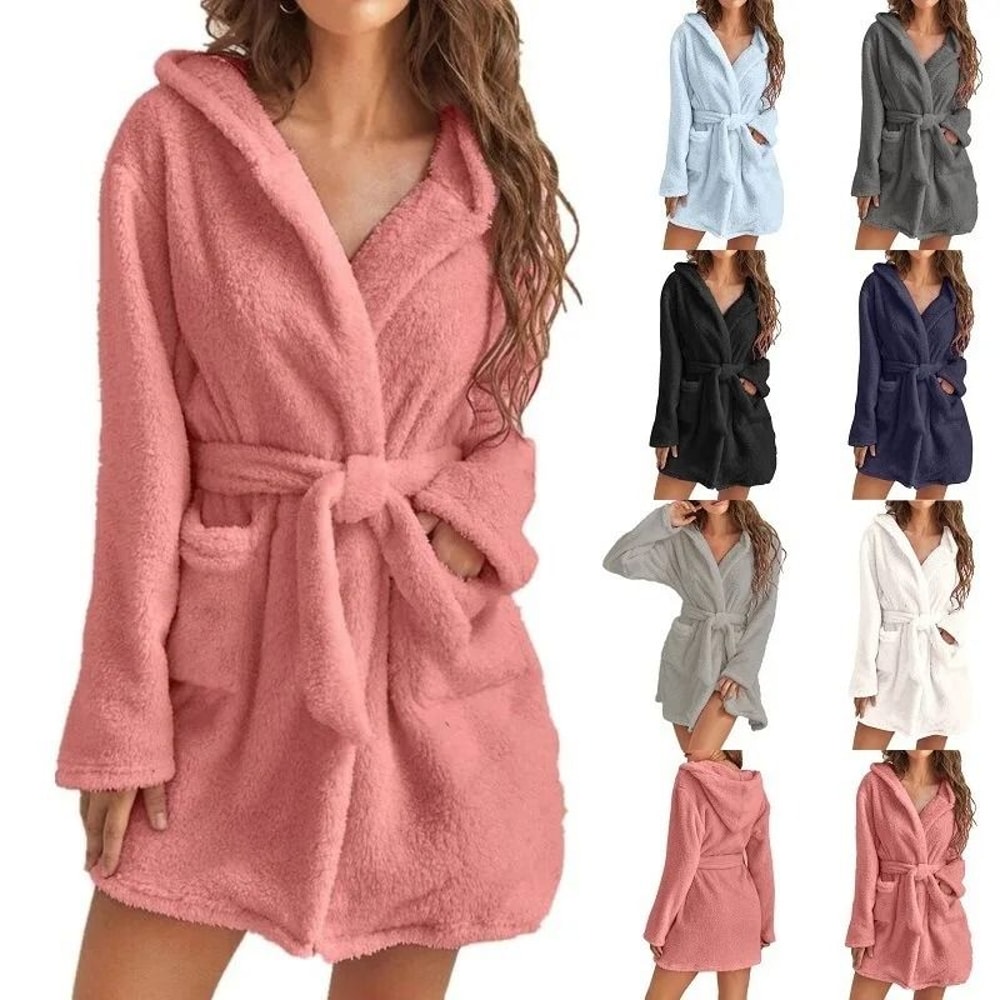 Winter Fluffy Plush Hooded Dressing Gown Warm Bathrobe For Women 0