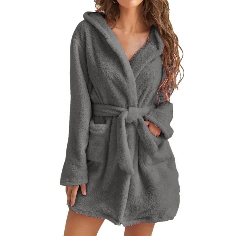 Winter Fluffy Plush Hooded Dressing Gown Warm Bathrobe For Women 6