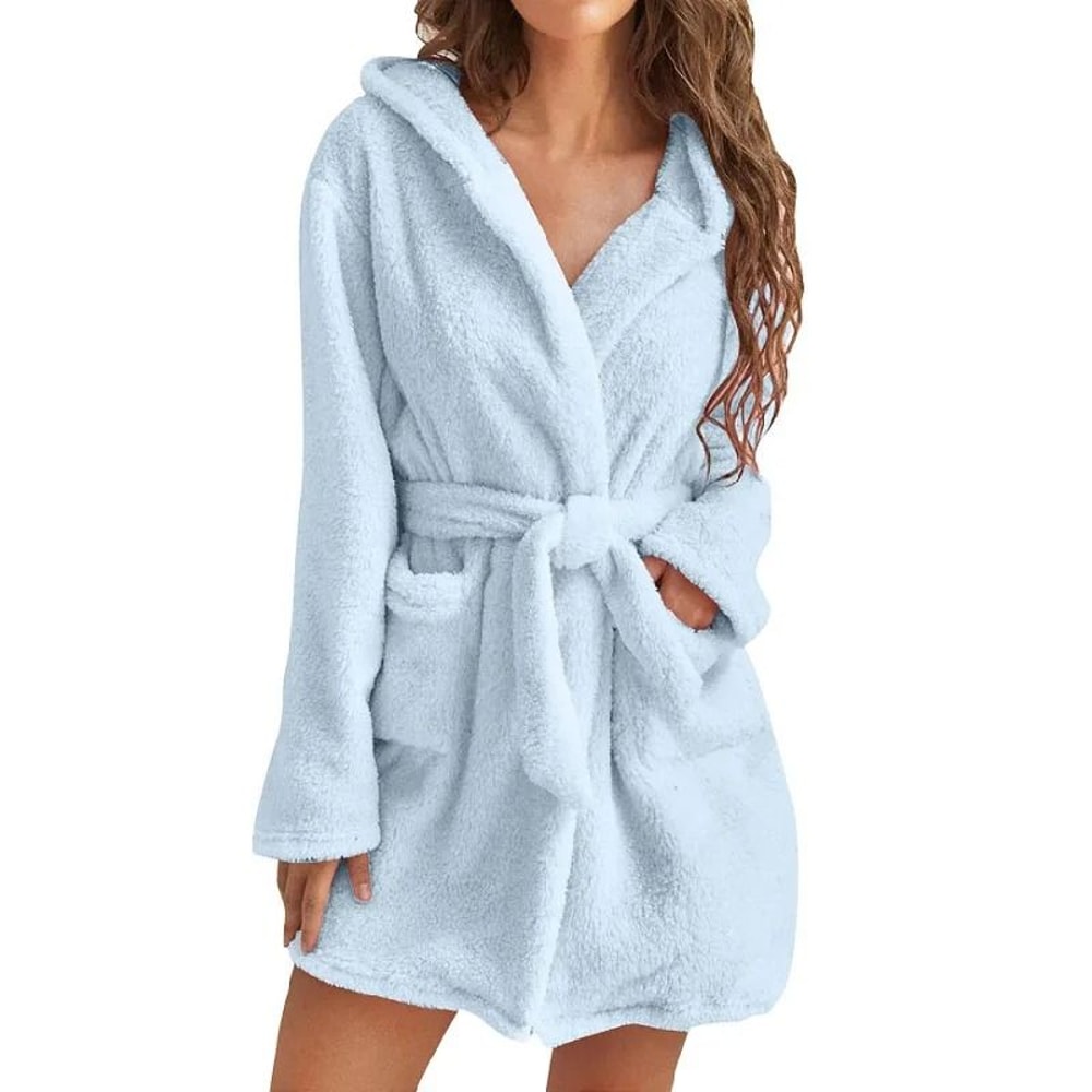 Winter Fluffy Plush Hooded Dressing Gown Warm Bathrobe For Women 3